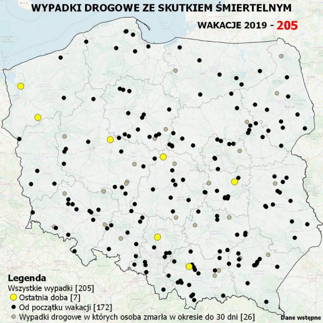 Mapa wypadków drogowych ze skutkiem śmiertelnym – WAKACJE 2019