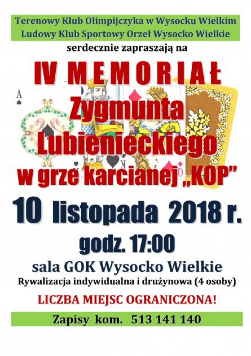 4. Memoriał Zygmunta Lubienieckiego w grze karcianej KOP. Zapraszamy.